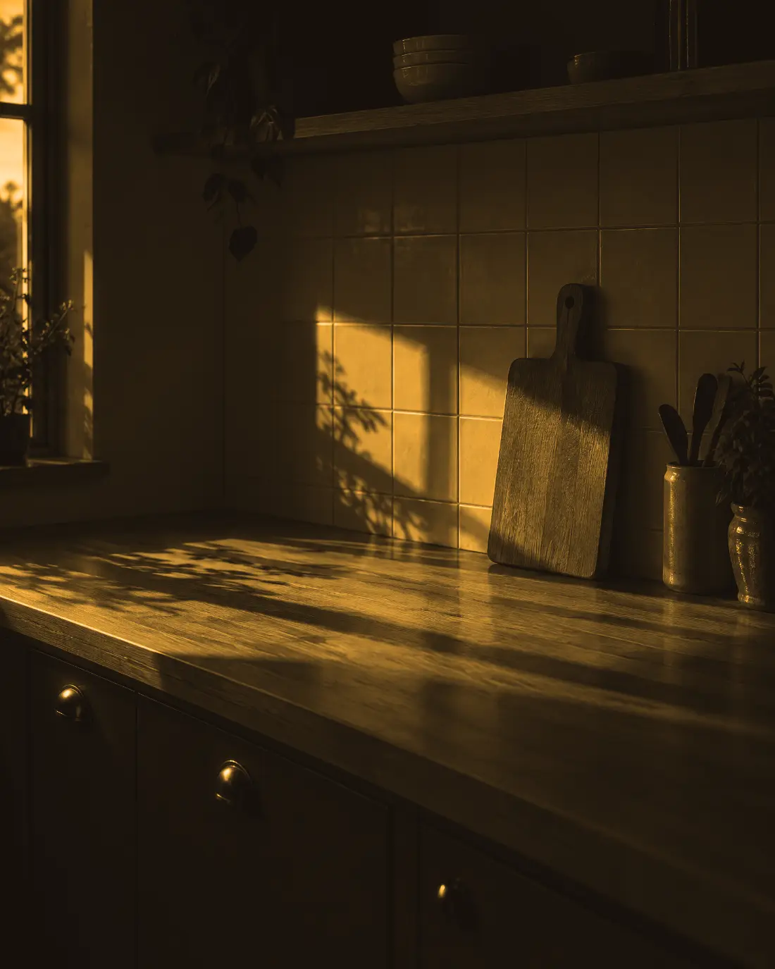 Een leeg aanrecht in het laatste avondlicht (AI-beeld)