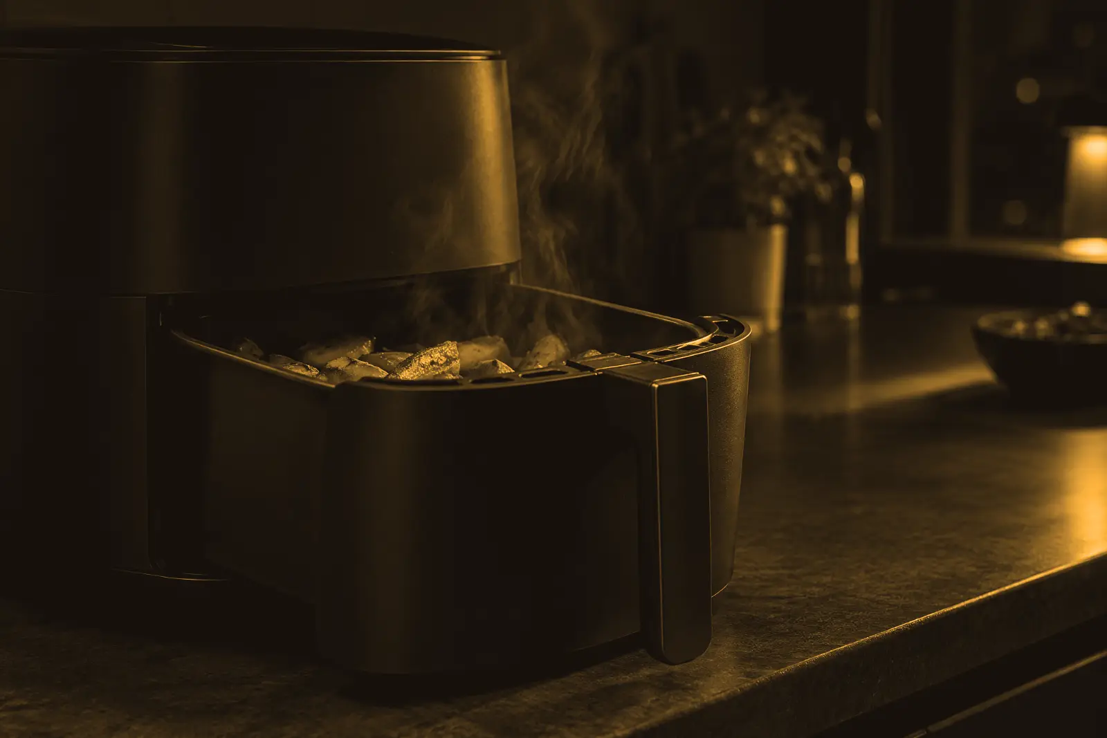 De lade van een airfryer schuift open, er komt wat stoom vanaf (AI-beeld, geen echt product)