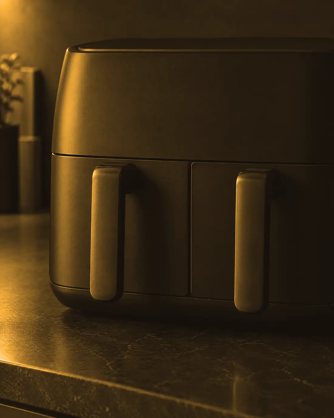 Twee lades naast elkaar aan de voorkant van een airfryer, van dichtbij (AI-beeld, geen echt product)